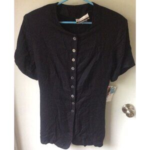 Vintage Diana Marco Flax blend Button down blouse tunic Black new